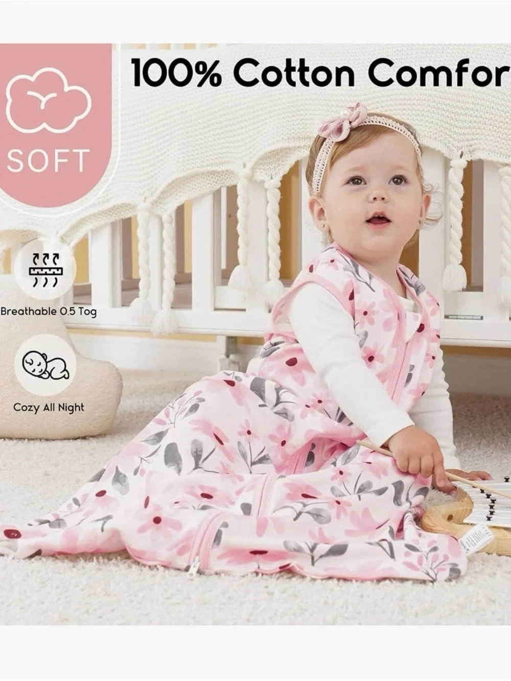 Baby Girls' Pink Floral & Patterned Sleep Sacks - Cozy Zip-Front Pajama Bag